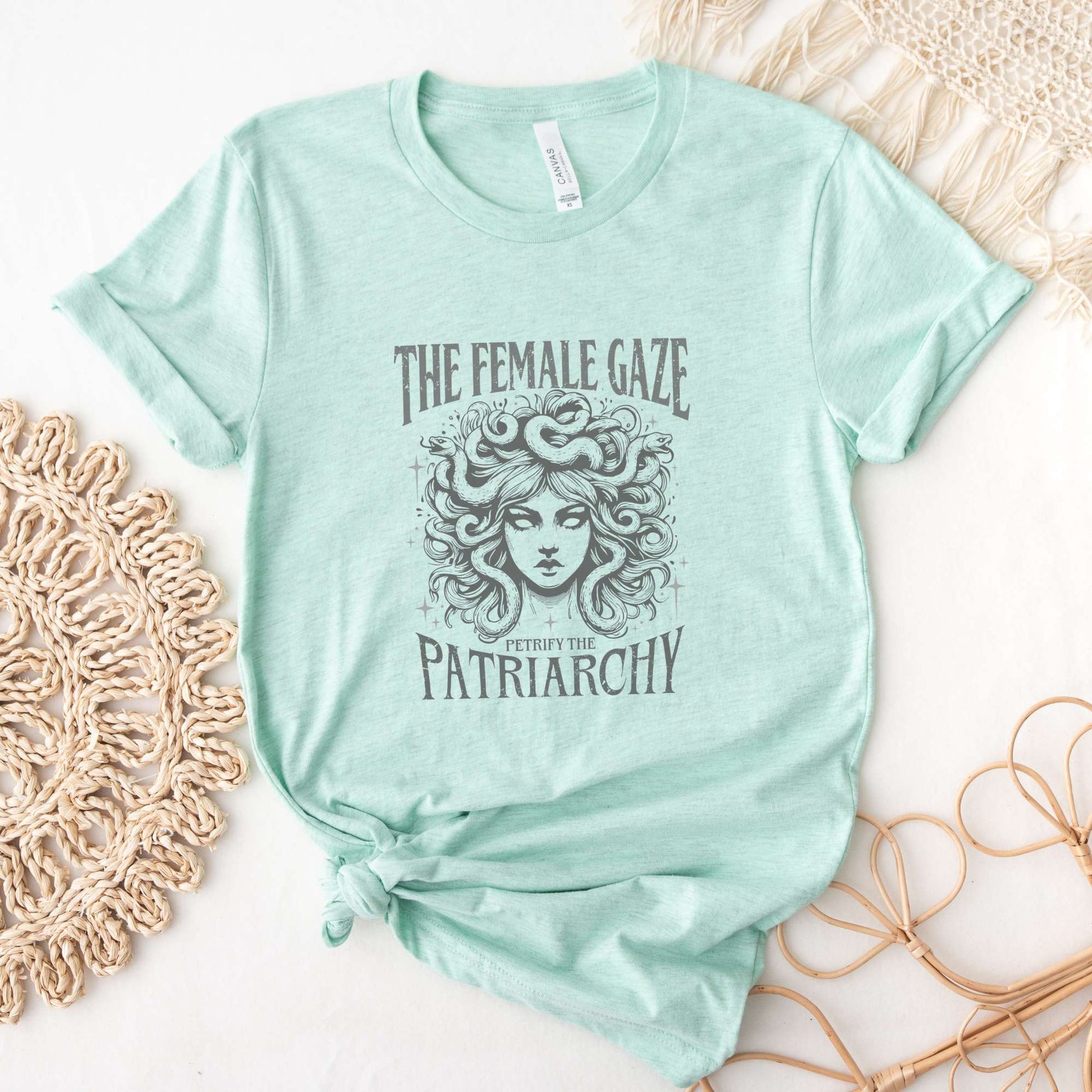 female gaze, petrify the patriarchy, womens tee, medusa design, heather prism mint