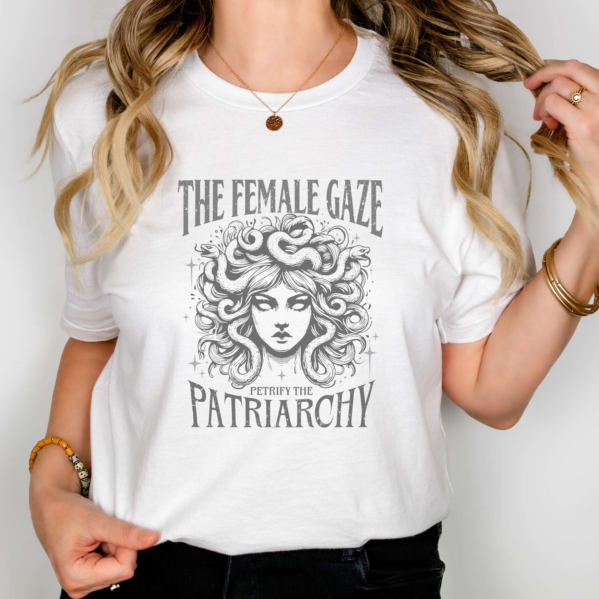 female gaze, petrify the patriarchy, womens tee, medusa design, white