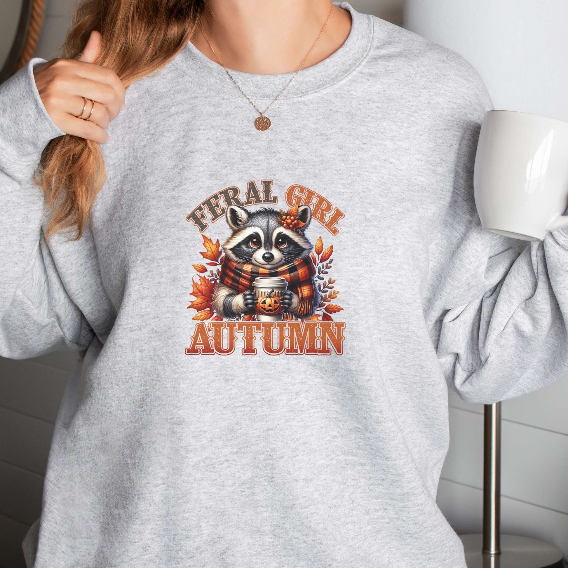 feral girl autumn, womens sweatshirt, adorable raccoon with scarf and fall foliage, ash