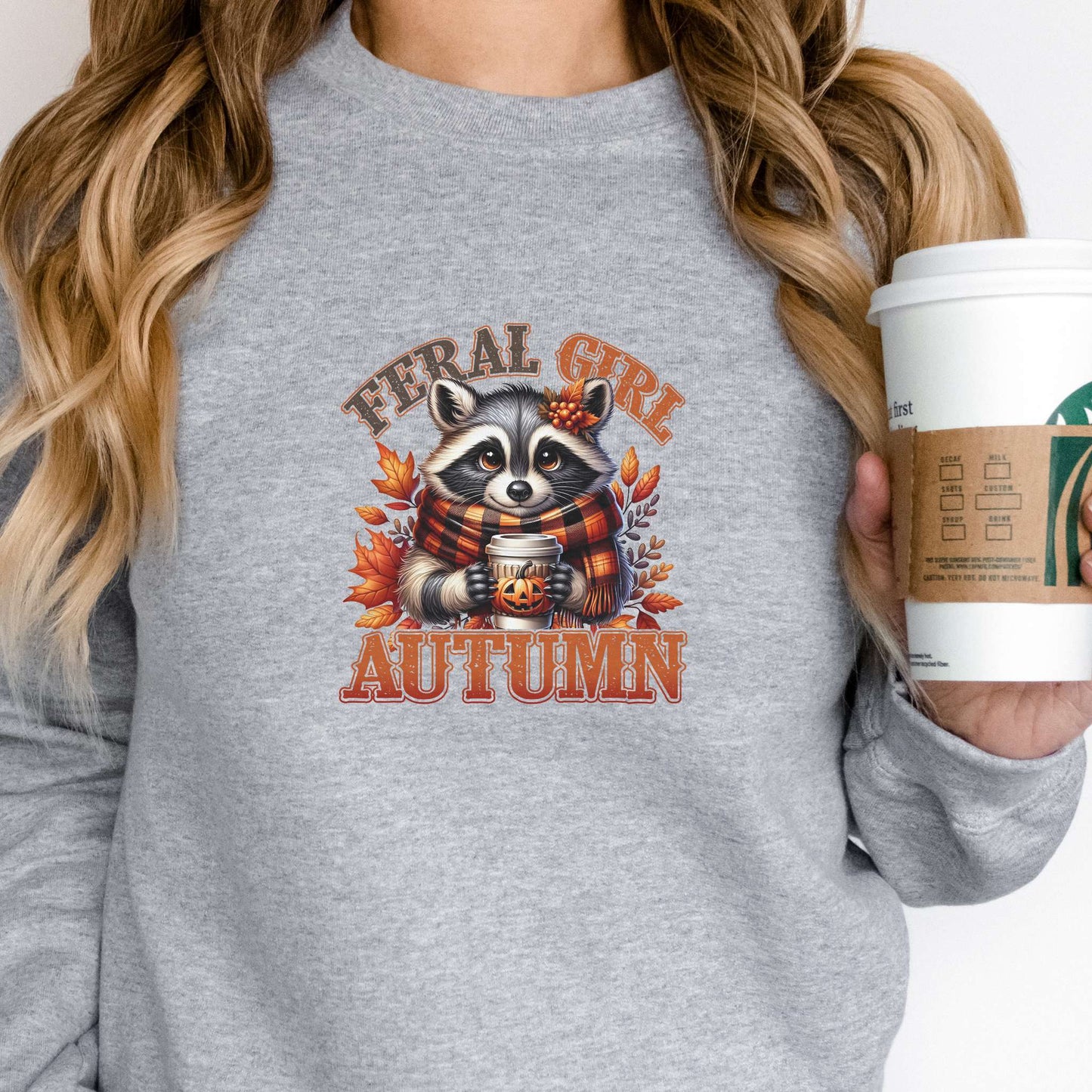 feral girl autumn, womens sweatshirt, adorable raccoon with scarf and fall foliage, sport grey