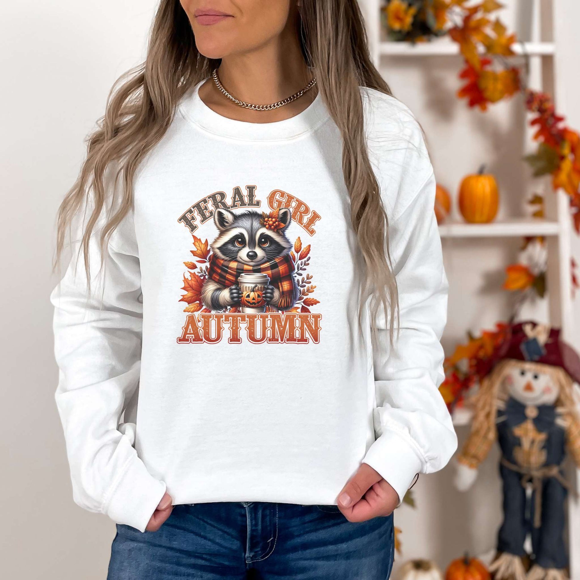 feral girl autumn, womens sweatshirt, adorable raccoon with scarf and fall foliage, white