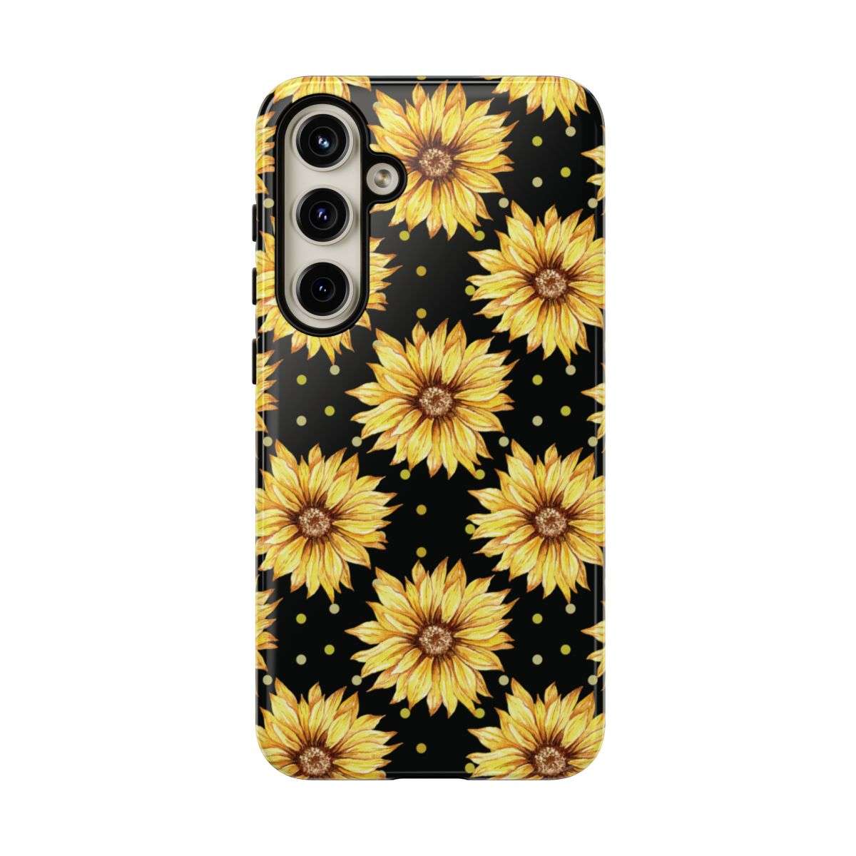 sunflower daze cell phone case, tough case, tech accessries, sunflower print with black background, samsung galaxy s24 plus