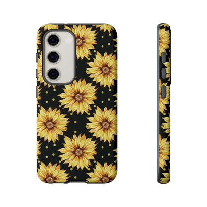 sunflower daze cell phone case, tough case, tech accessries, sunflower print with black background, samsung galaxy s23