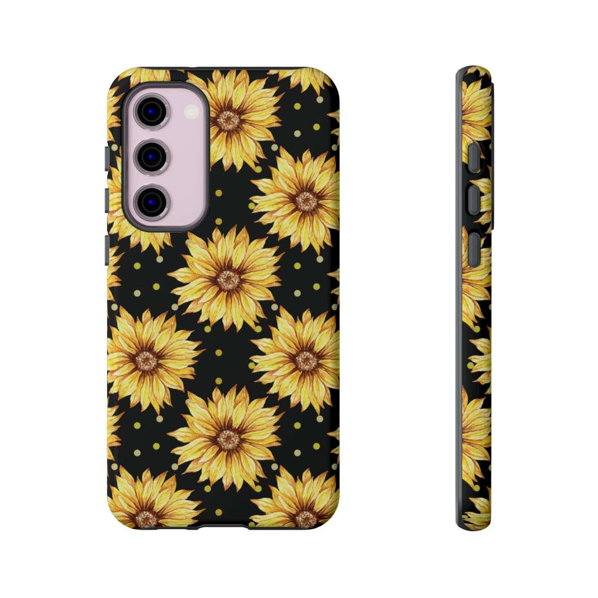 sunflower daze cell phone case, tough case, tech accessries, sunflower print with black background, samsung galaxy s23 plus