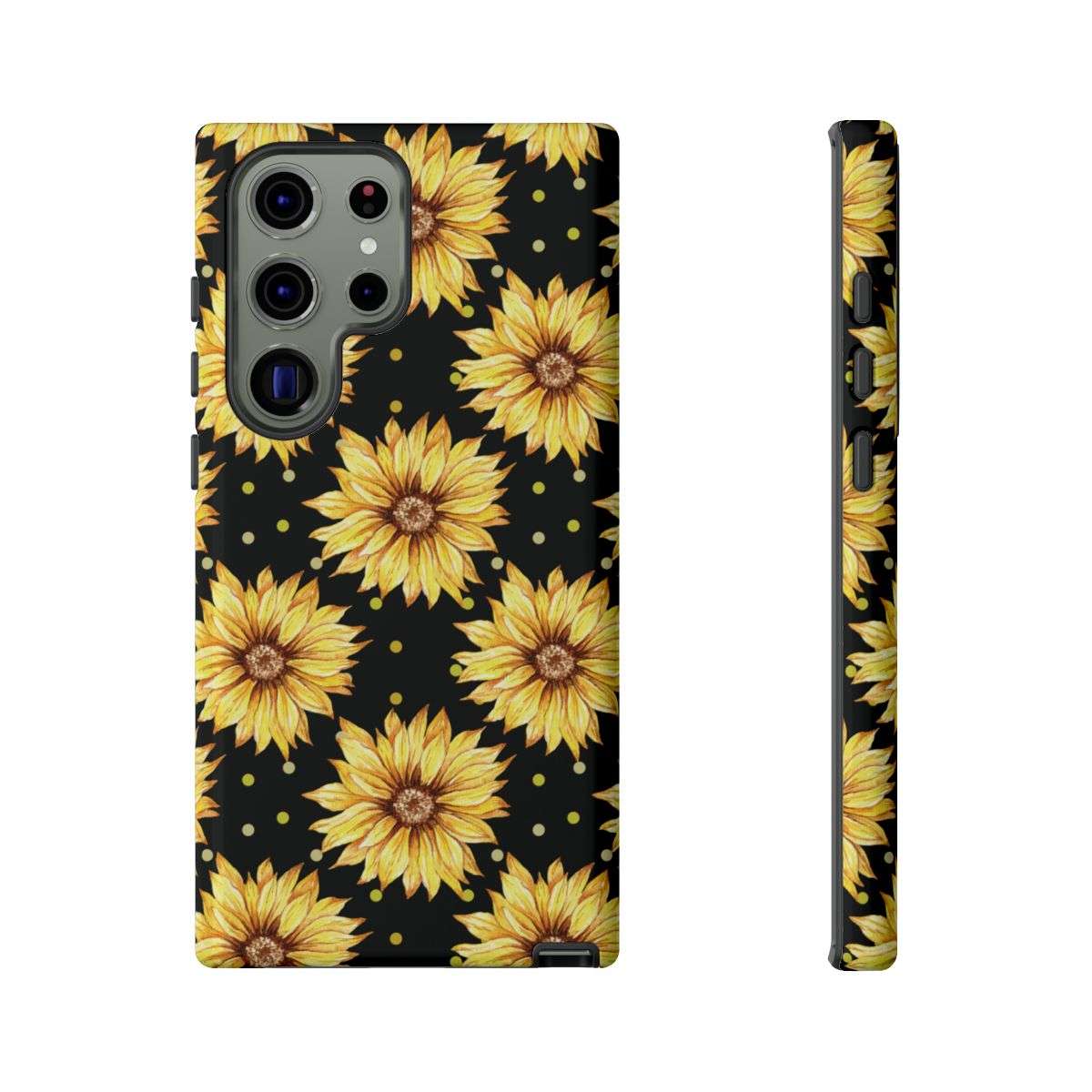 sunflower daze cell phone case, tough case, tech accessries, sunflower print with black background, samsung galaxy s23 ultra