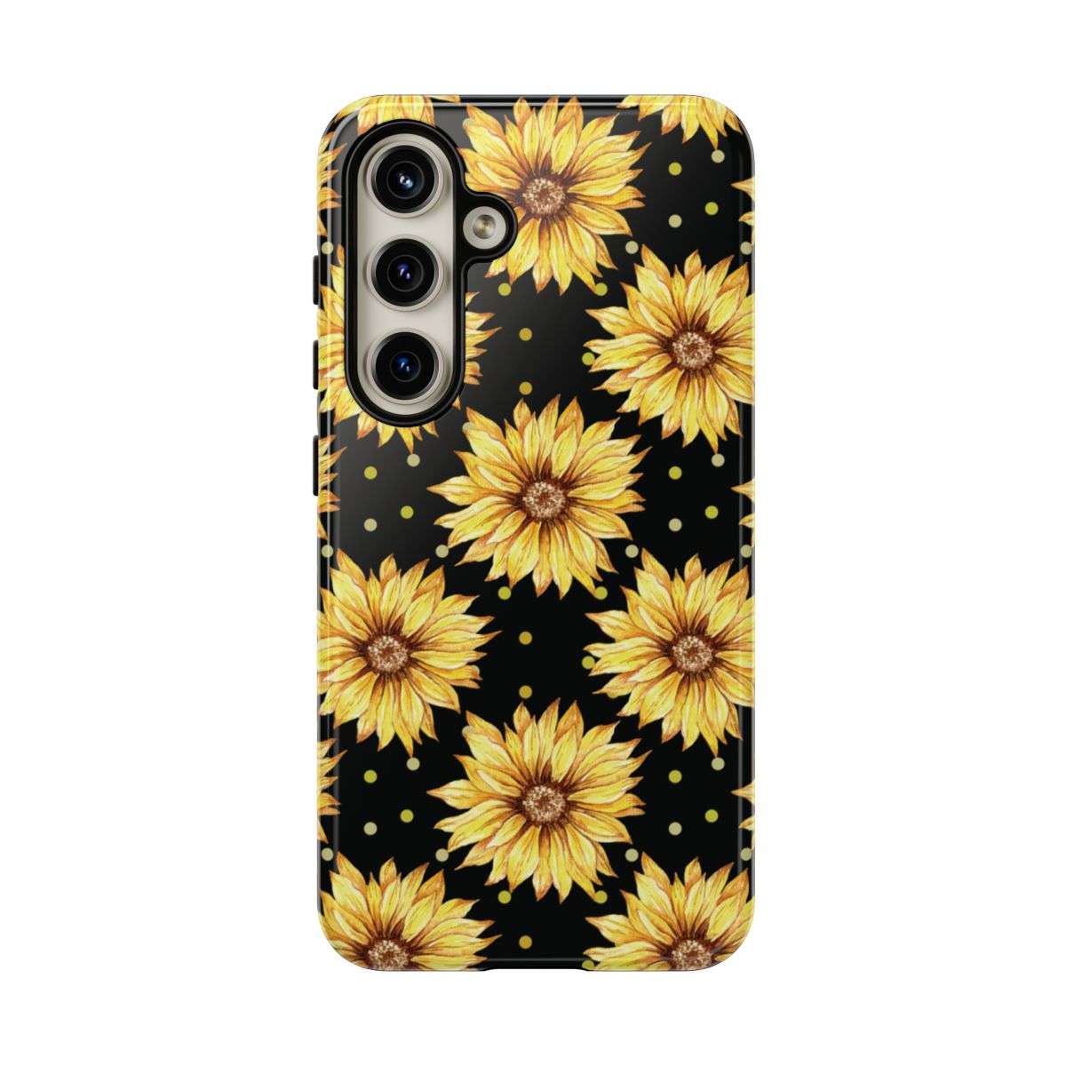 sunflower daze cell phone case, tough case, tech accessries, sunflower print with black background, samsung galaxy s24