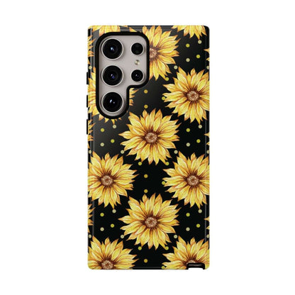 sunflower daze cell phone case, tough case, tech accessries, sunflower print with black background, samsung galaxy s24 ultra