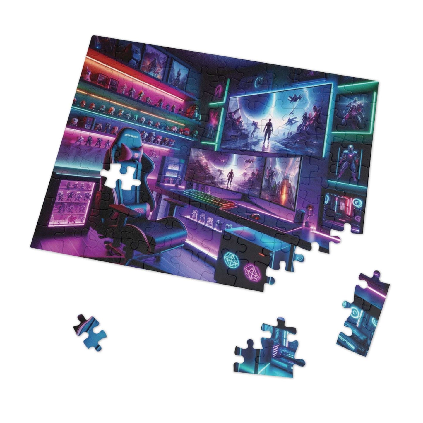 gamers lair jigsaw puzzle, neon futuristic gaming, 110 piece