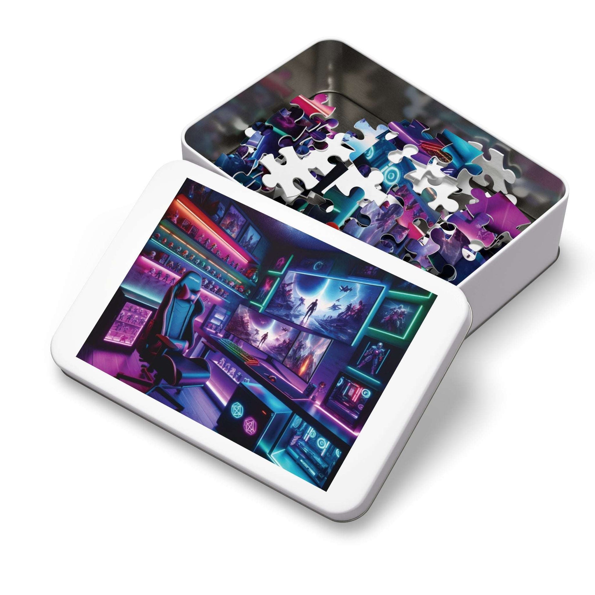 gamers lair jigsaw puzzle, neon futuristic gaming, 110 piece