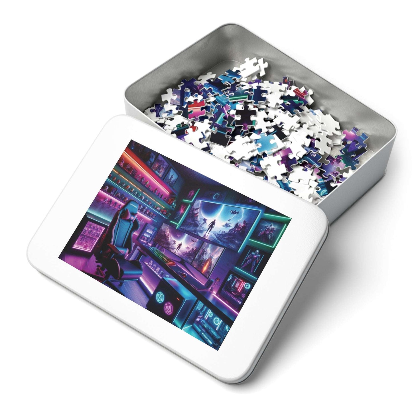 gamers lair jigsaw puzzle, neon futuristic gaming, 252 piece