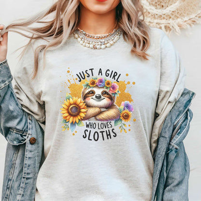 just a girl who loves sloths, graphic tee, womens tee, ash