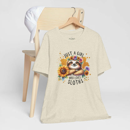 just a girl who loves sloths, graphic tee, womens tee, heather prism natural