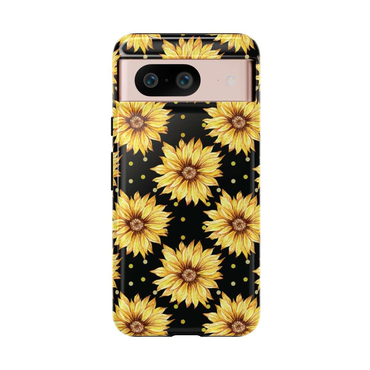 sunflower daze cell phone case, tough case, tech accessries, sunflower print with black background, google pixel 8