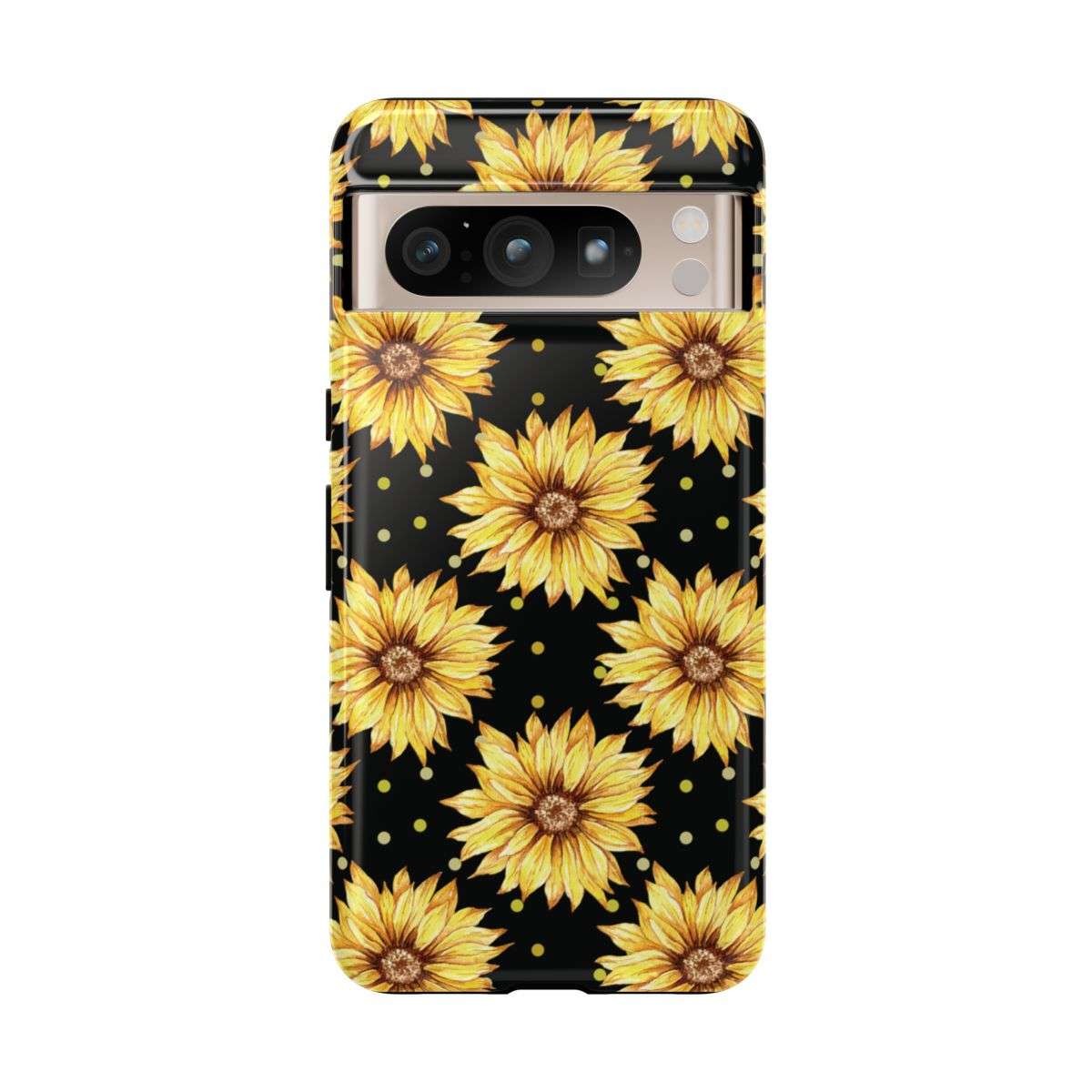 sunflower daze cell phone case, tough case, tech accessries, sunflower print with black background, google pixel 8 pro