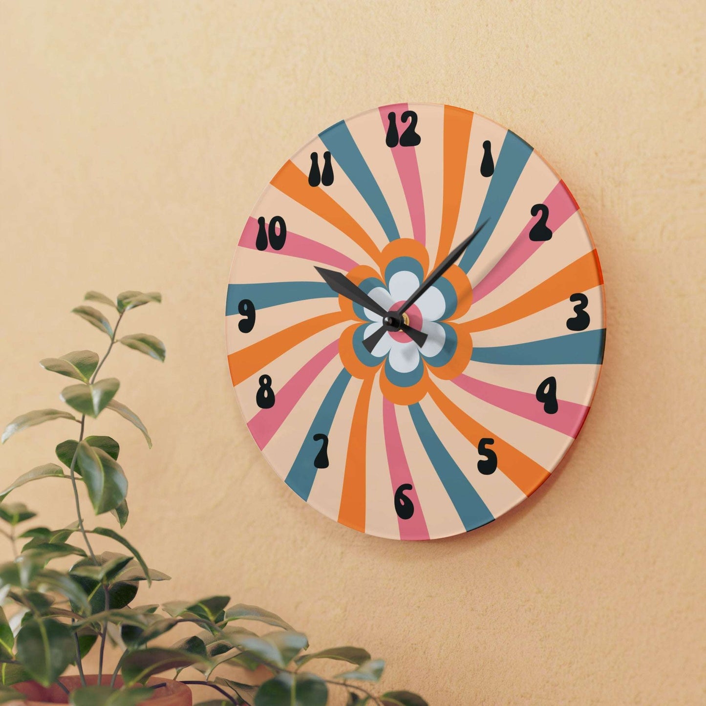 retro flower, groovy, wall clock, acrylic, home decor, wall decor, 10.25" round