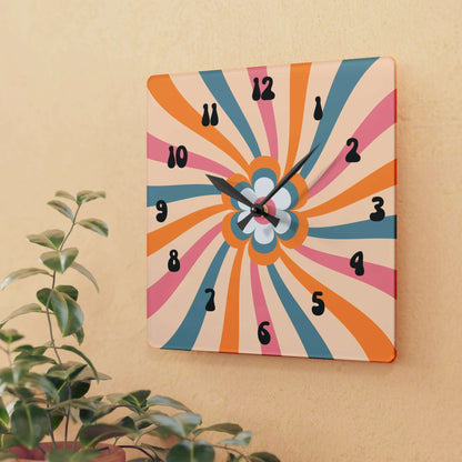 retro flower, groovy, wall clock, acrylic, home decor, wall decor, 10.25 square 