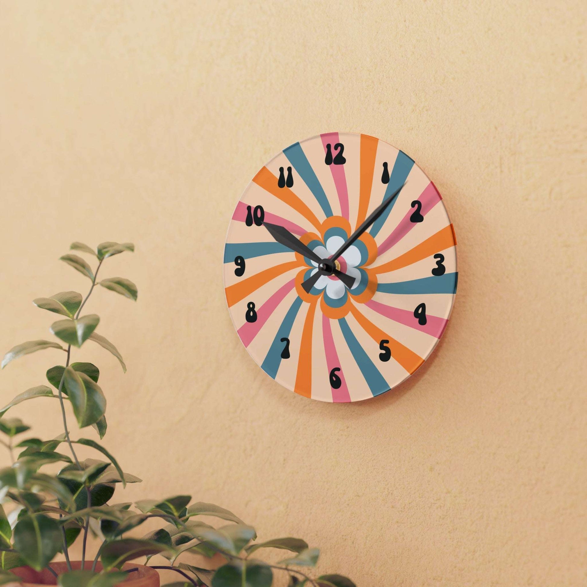 retro flower, groovy, wall clock, acrylic, home decor, wall decor, 8" round