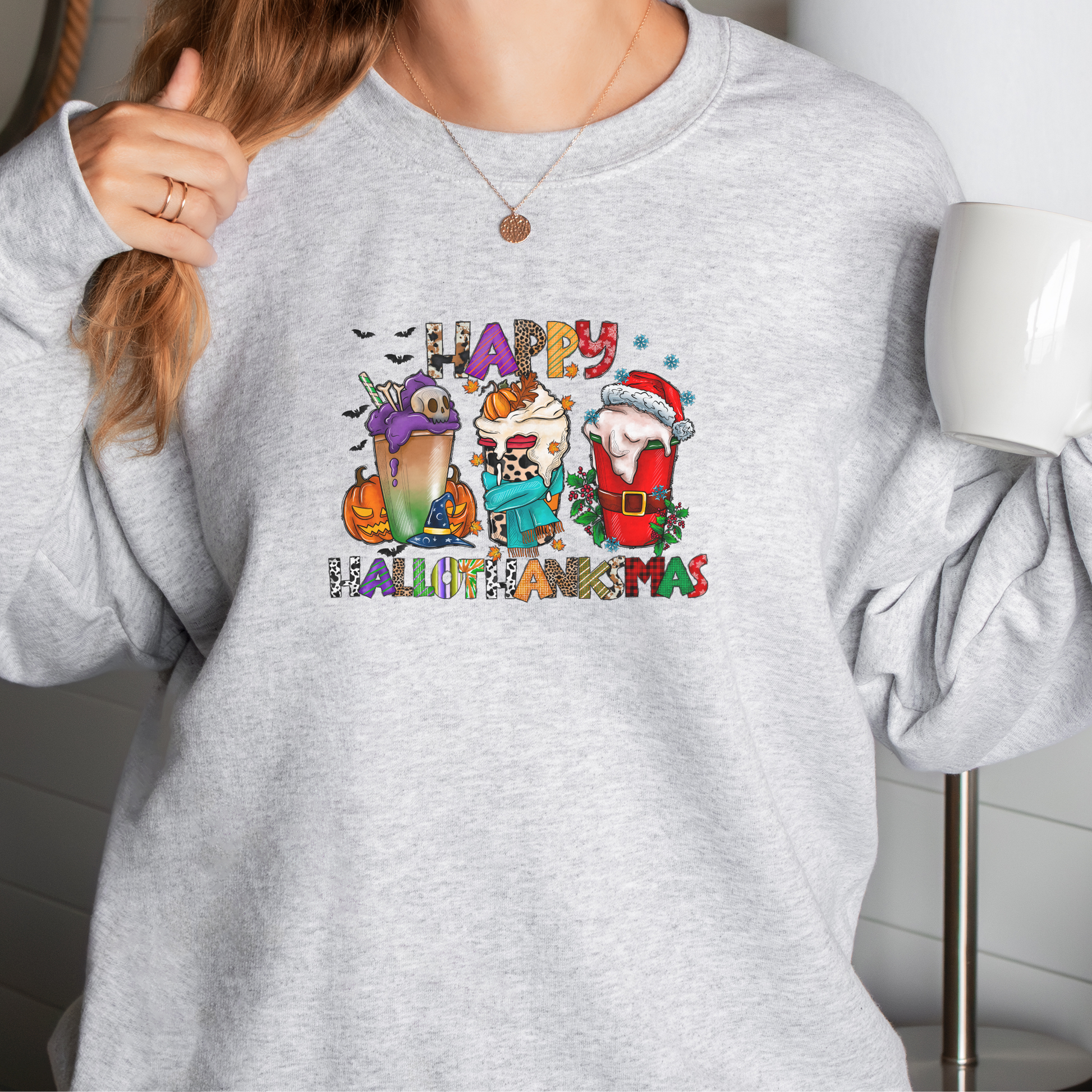 happy hallothanksmas coffee, womens holiday sweatshirt, ash