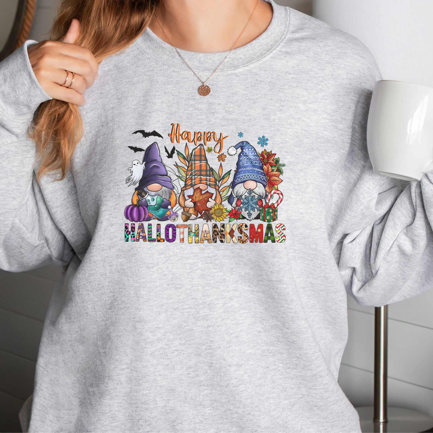 happy hallothanksmas gnomes, womens holiday sweatshirt, ash