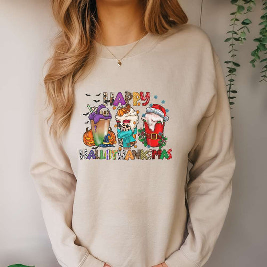 happy hallothanksmas, womens sweatshirt, holiday apparel, coffee design, sand