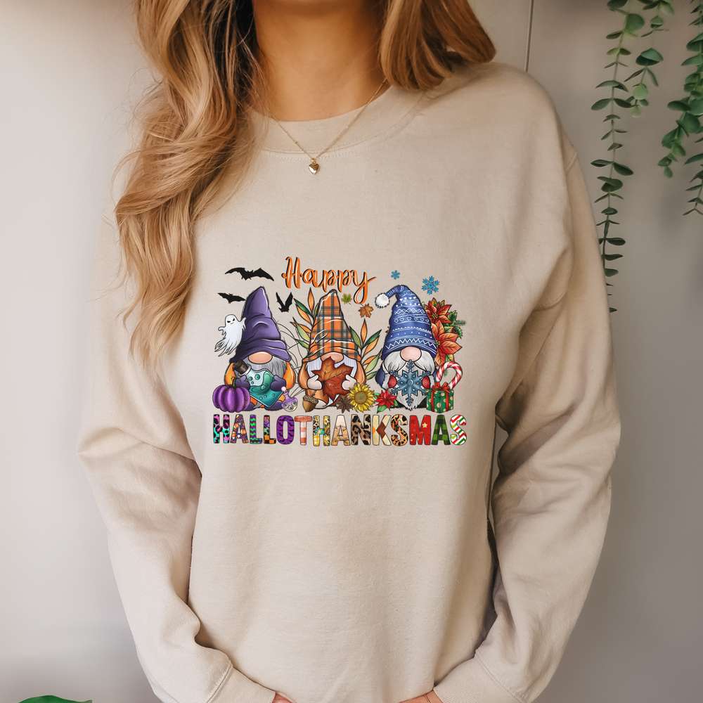 happy hallothankmas, womens sweatshirt, festive gnome design, holiday apparel, sand