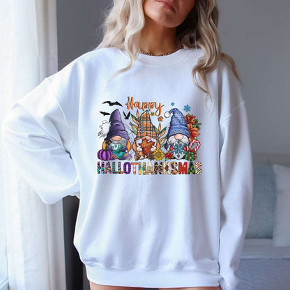 happy hallothankmas, womens sweatshirt, festive gnome design, holiday apparel