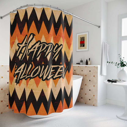 happy halloween shower curtain, orange and black zigzag pattern, bathroom decor, holiday decoration 71x74