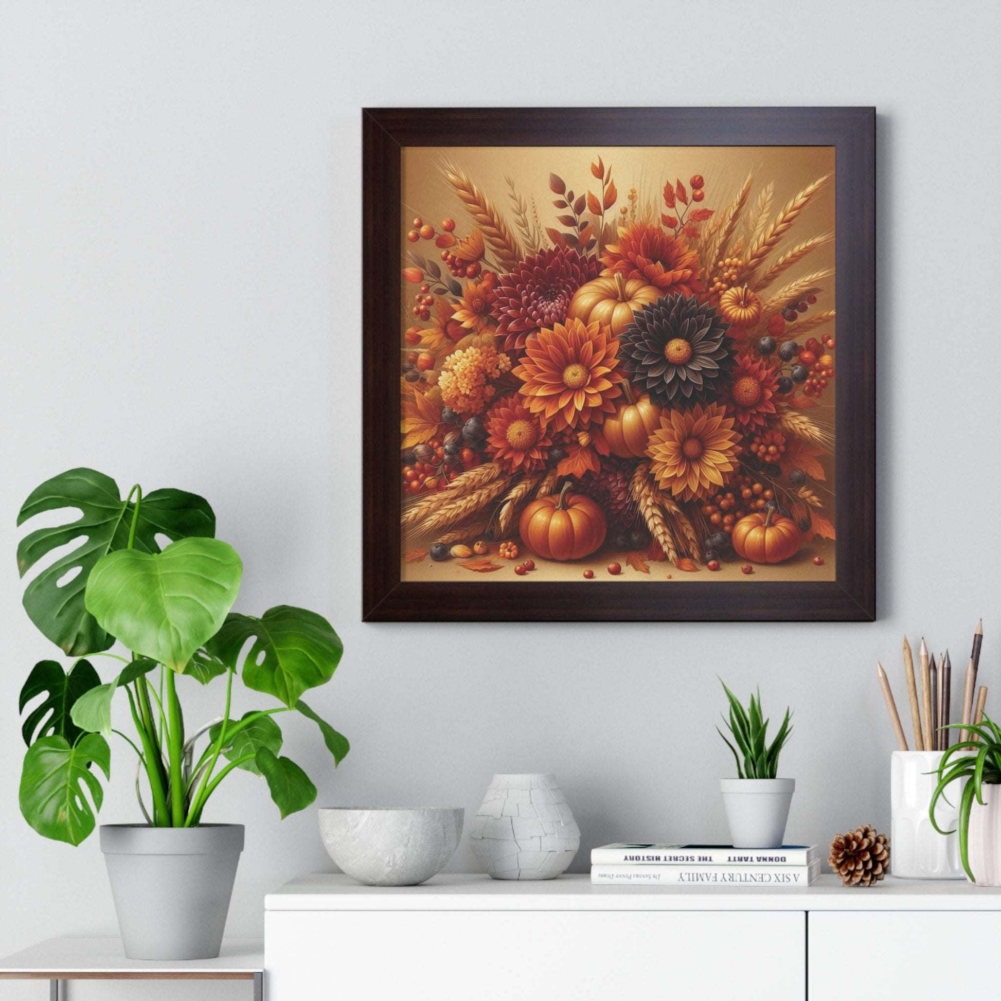 harvest blooms framed poster print 16" x16" walnut frame