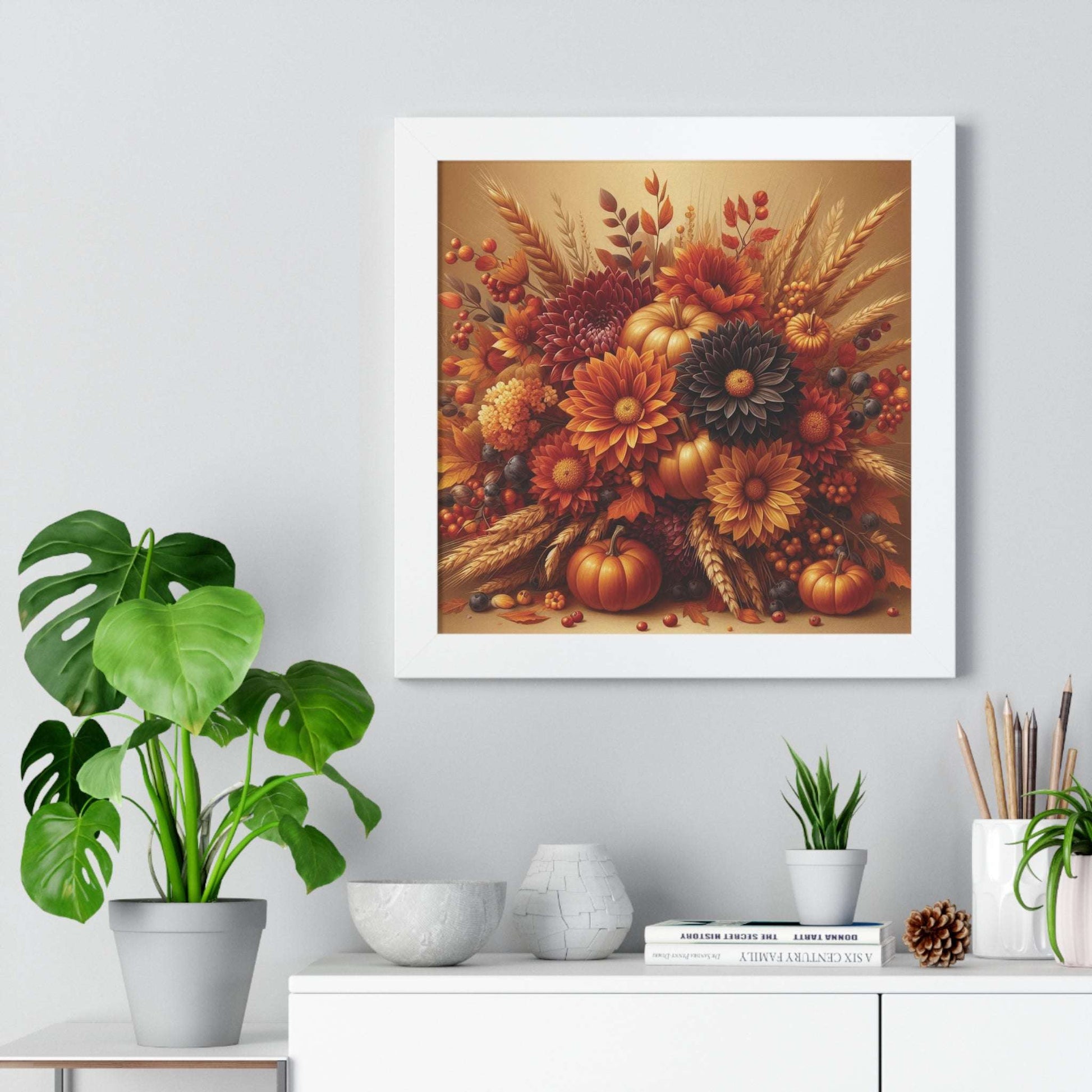 harvest blooms framed poster print 16" x16" white frame