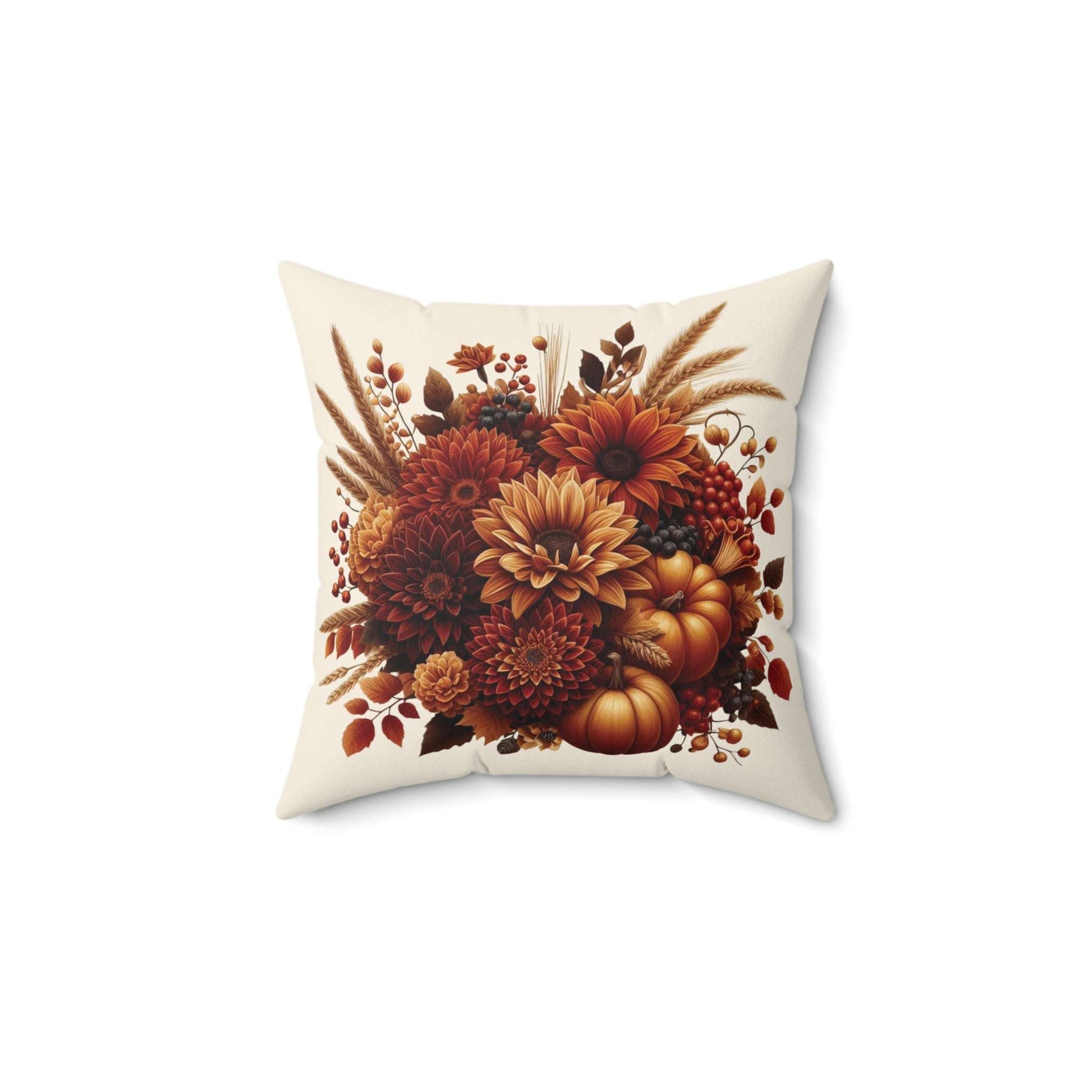 harvest blooms pillow, square pillow, floral with pumpkins, thanksgiving home decor 14"