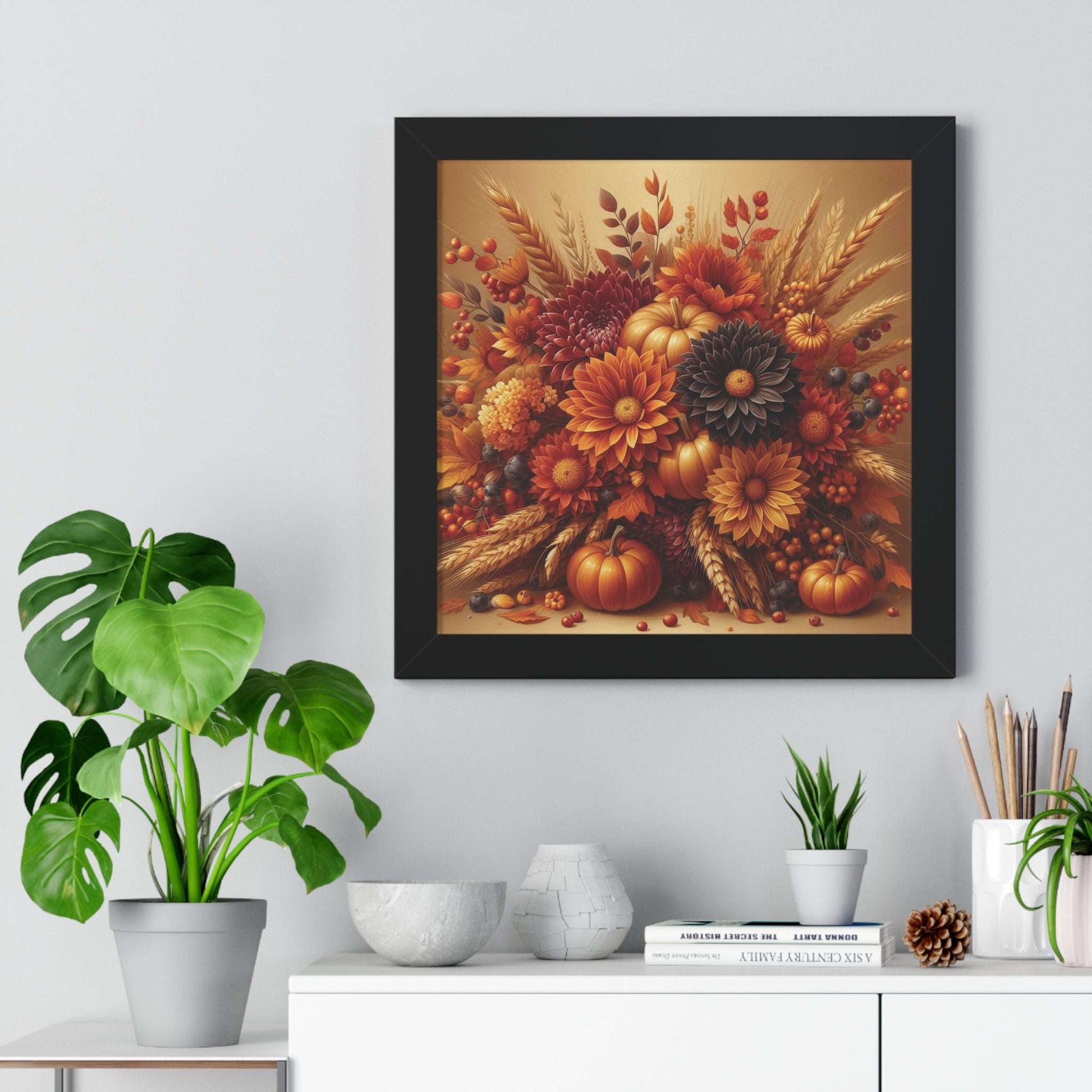 harvest blooms framed poster print 16" x16" black frame