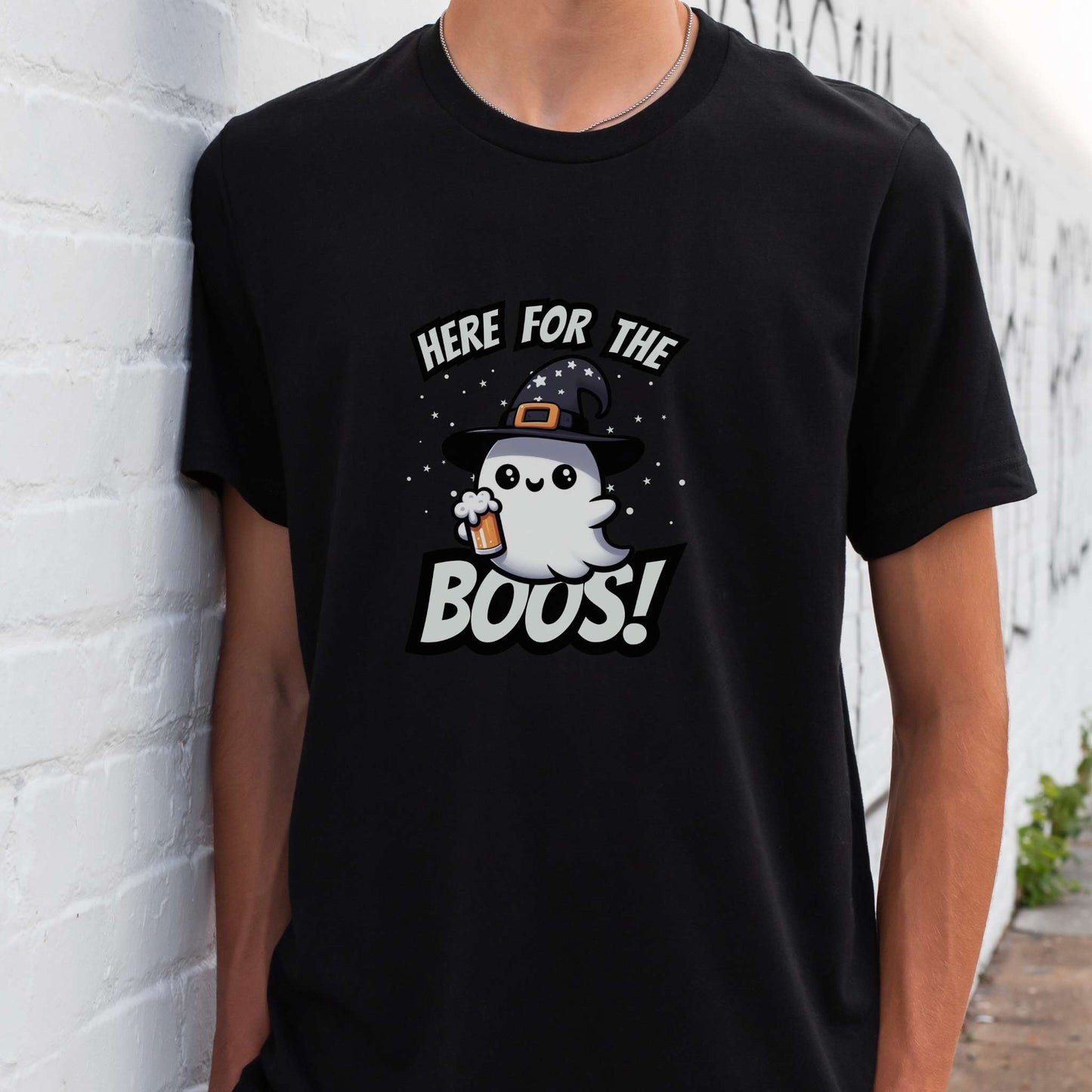 here for the boos, cute ghost holding a pint, halloween apparel, unisex fit, black