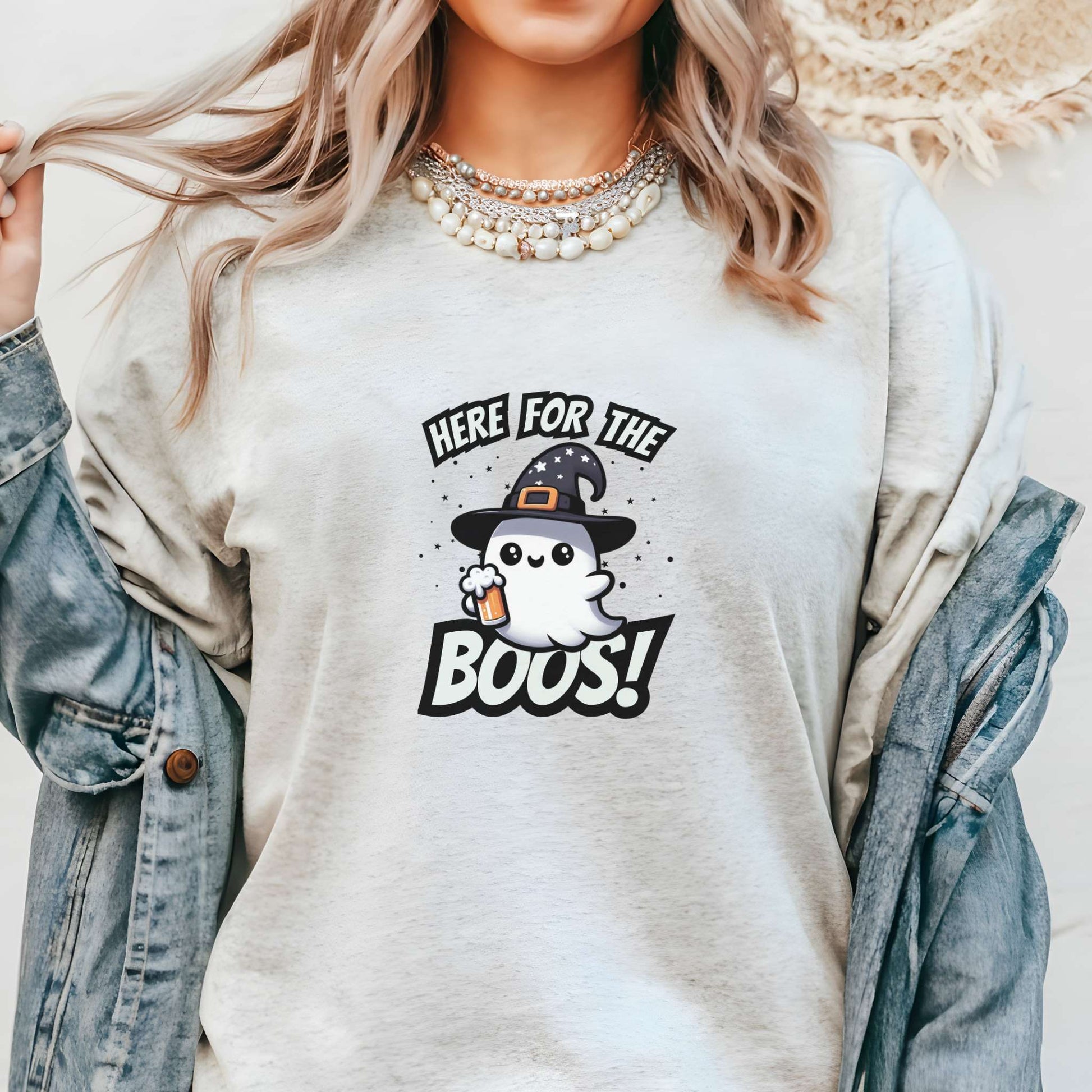 here for the boos, cute ghost holding a pint, halloween apparel, unisex fit, ash