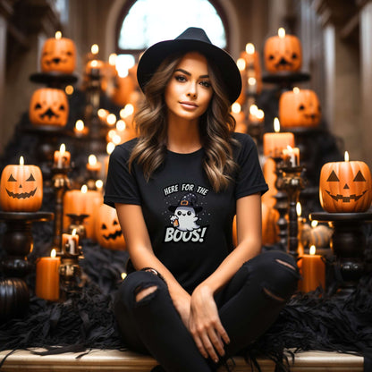 here for the boos, cute ghost holding a pint, halloween apparel, unisex fit, black