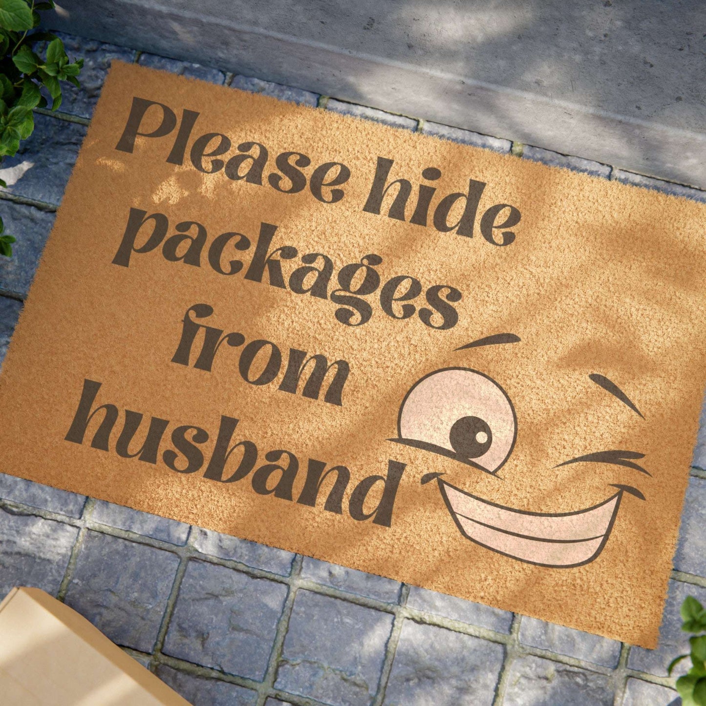 please hide packages from husband, coir doormat, funny, home decor, outdoor mat