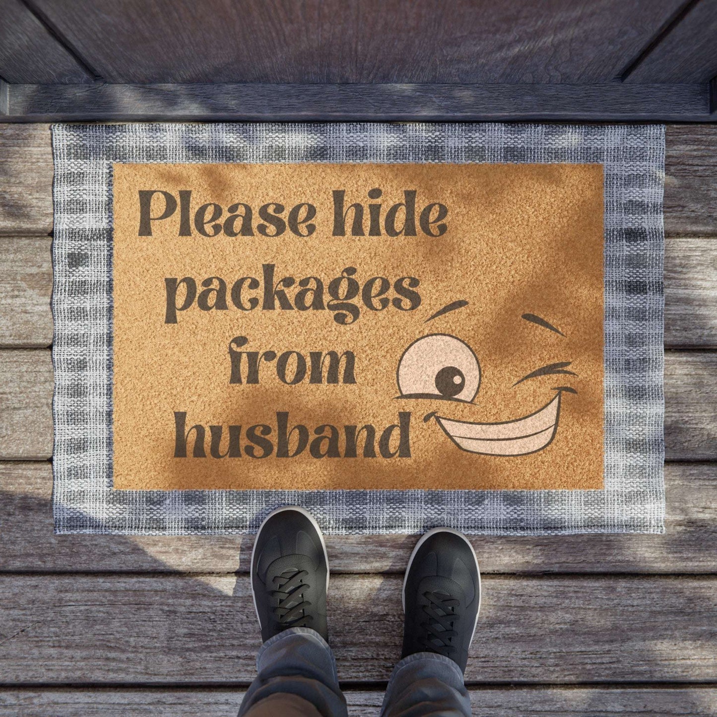 please hide packages from husband, coir doormat, funny, home decor, outdoor mat