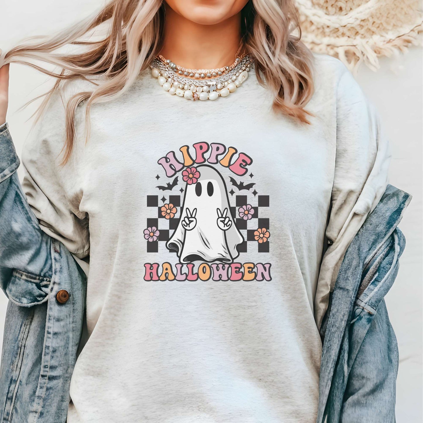 hippie halloween, retro style, ghost, halloween tee, women's t-shirt, holiday apparel, ash