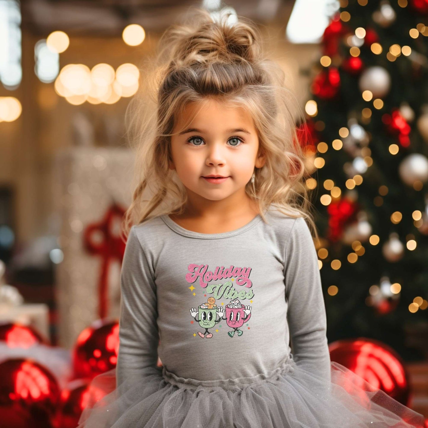 Retro holiday vibes, hot cocoa mugs, toddler girls long sleeve, Christmas top, holiday apparel, athletic heather