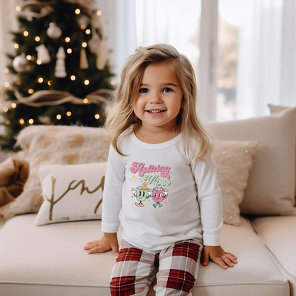 Retro holiday vibes, hot cocoa mugs, toddler girls long sleeve, Christmas top, holiday apparel, white