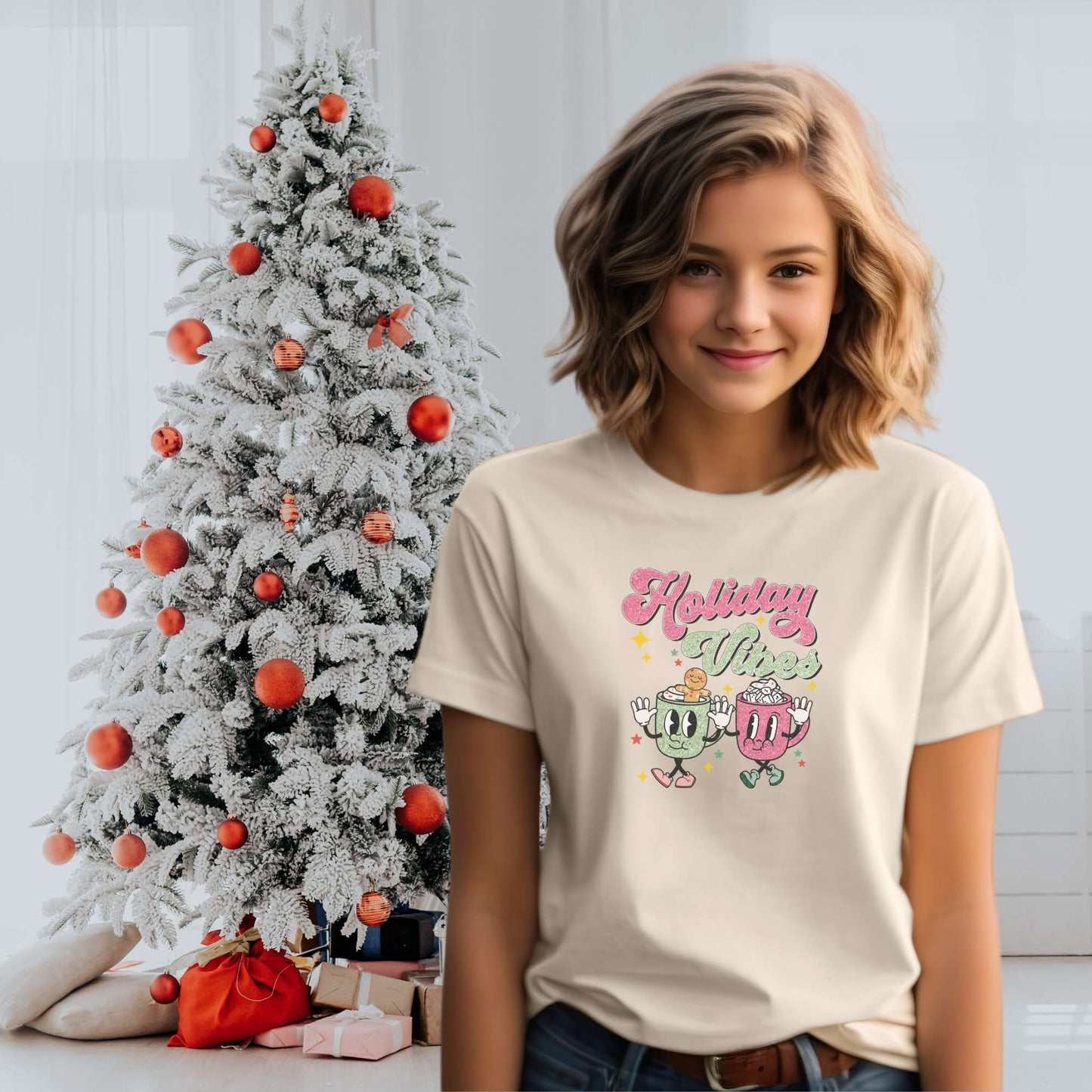 Holiday vibes Cocoa, girls youth tee, Christmas top, holiday apparel, retro design, natural