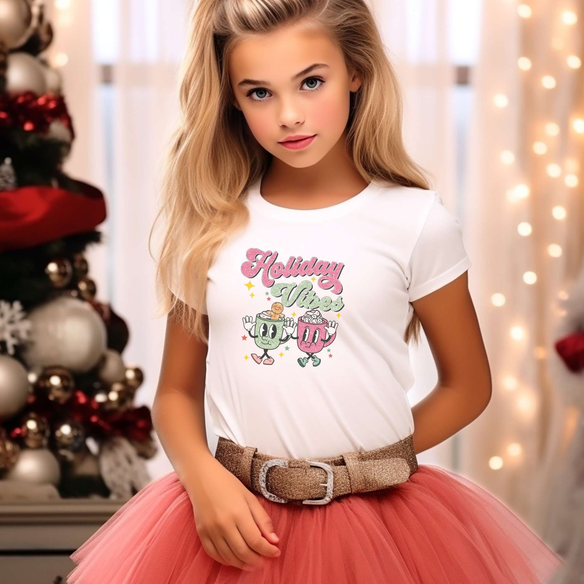 Holiday vibes Cocoa, girls youth tee, Christmas top, holiday apparel, retro design, white