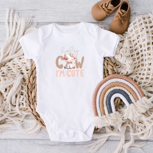 Holy Cow I'm Cute, adorable cow design, infant short sleeve bodysuit, onesies, boho baby