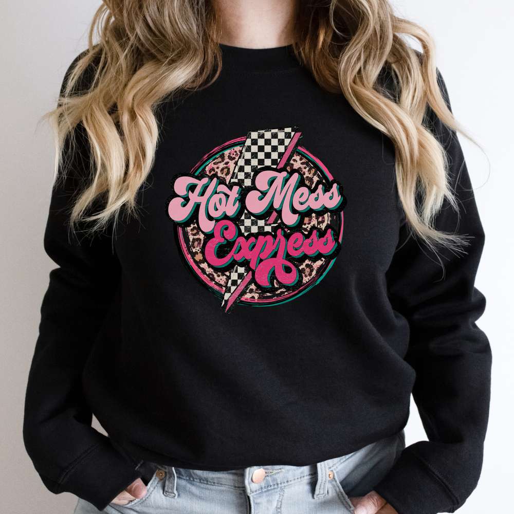 hot mess express, women's clothing, sweatshirt, fall apparel, hot mess mom, mom life, retro, black