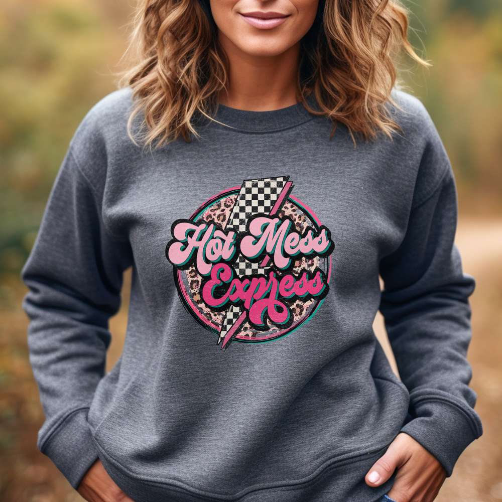 hot mess express, women's clothing, sweatshirt, fall apparel, hot mess mom, mom life, retro, dark heather