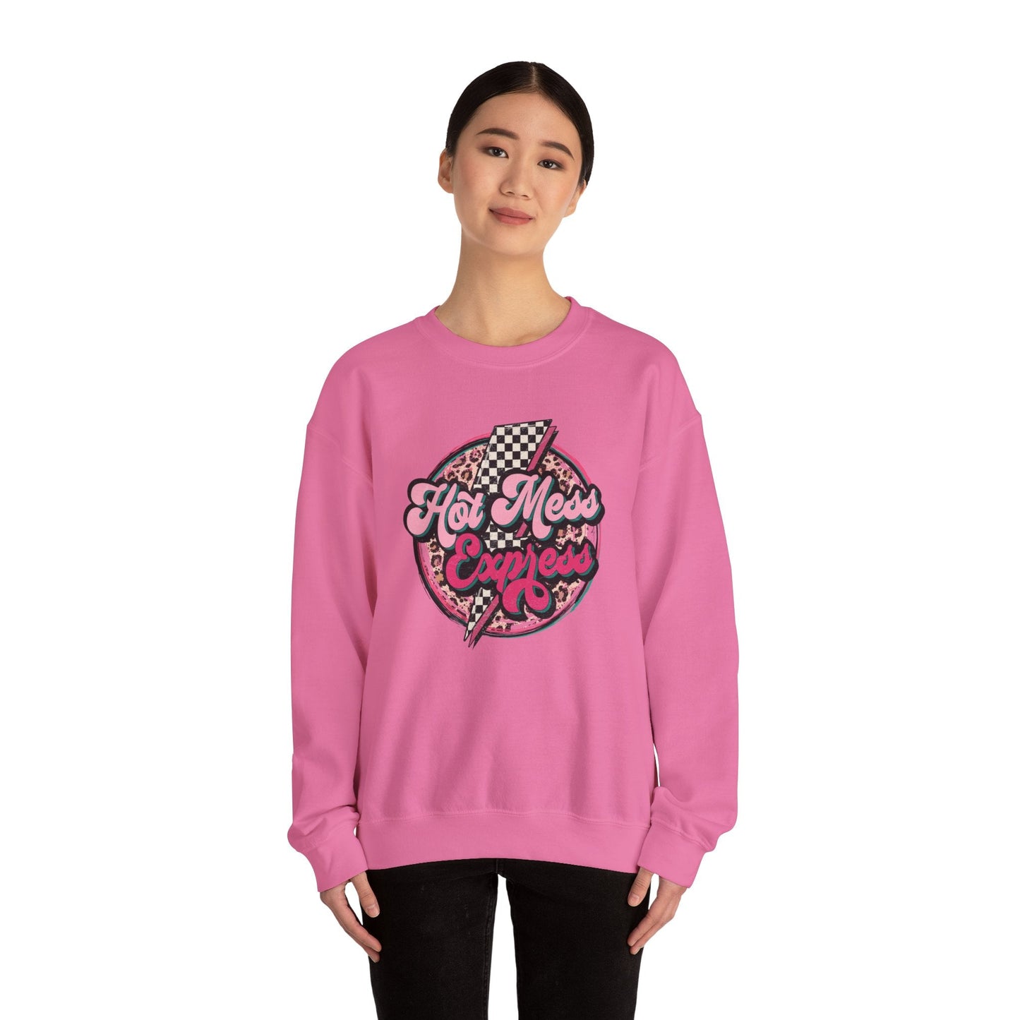 hot mess express, women's clothing, sweatshirt, fall apparel, hot mess mom, mom life, retro, safety pink