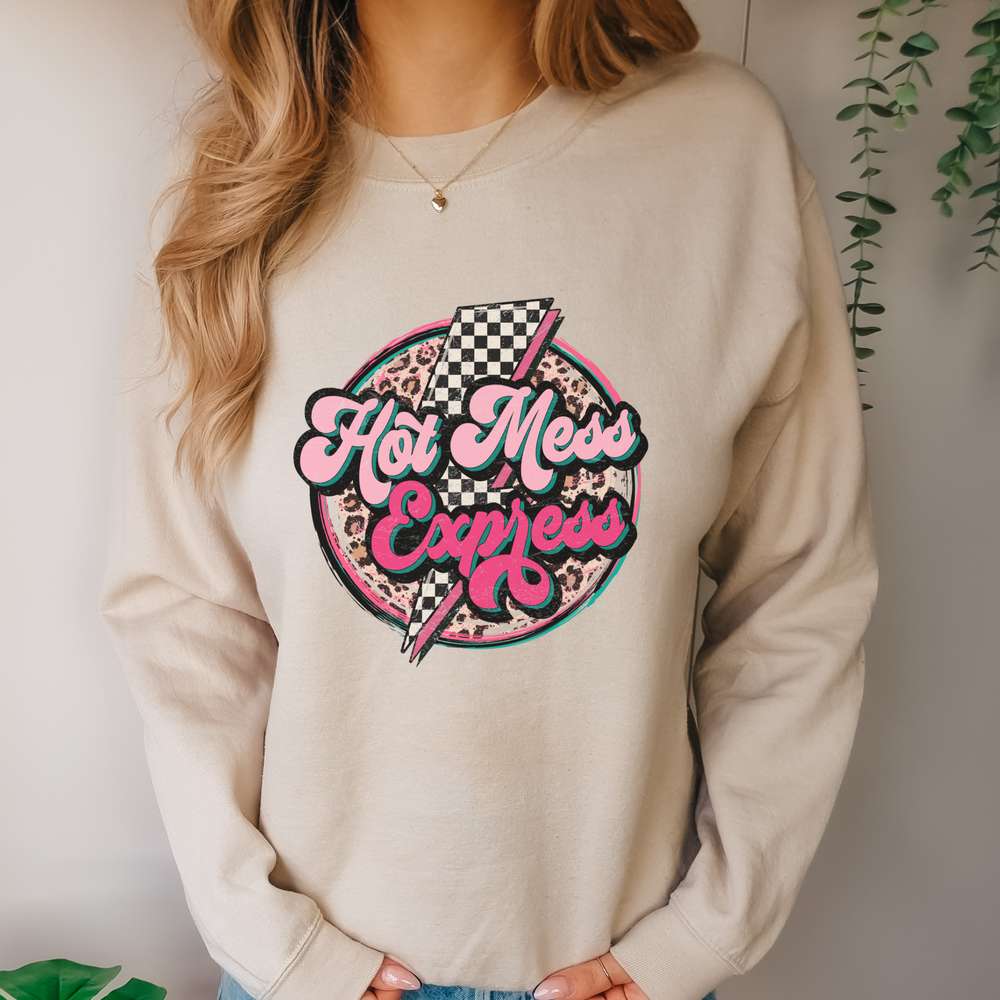 hot mess express, women's clothing, sweatshirt, fall apparel, hot mess mom, mom life, retro, sand