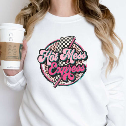 hot mess express, women's clothing, sweatshirt, fall apparel, hot mess mom, mom life, retro, white