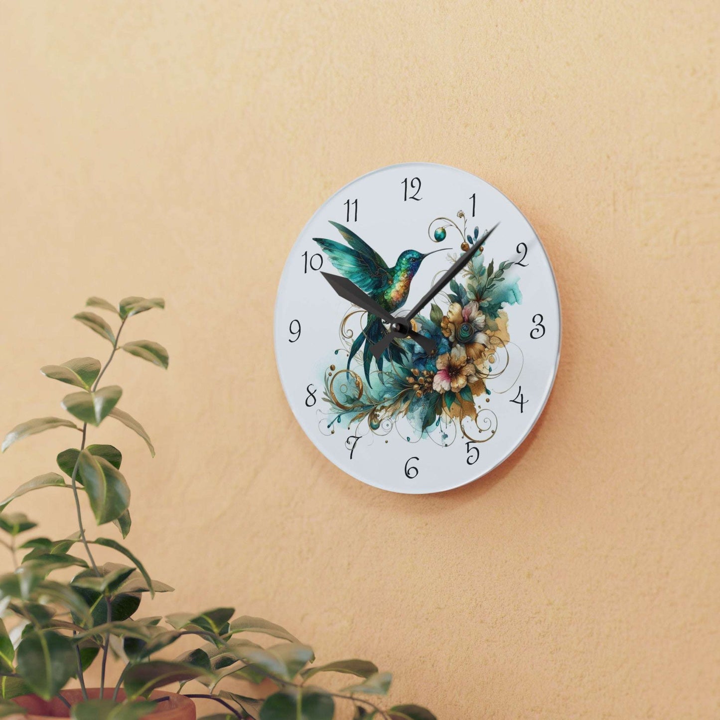 acrylic wall clock, round 8", hummingbird, wall clock, home decor,