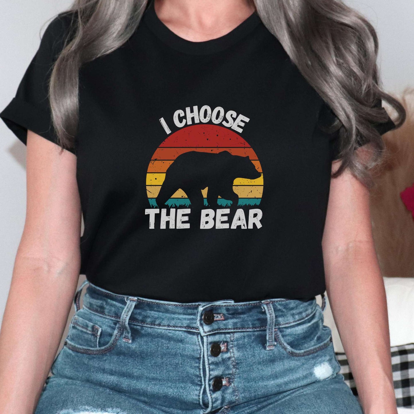 i choose the bear, retro design, sunset mountains, black