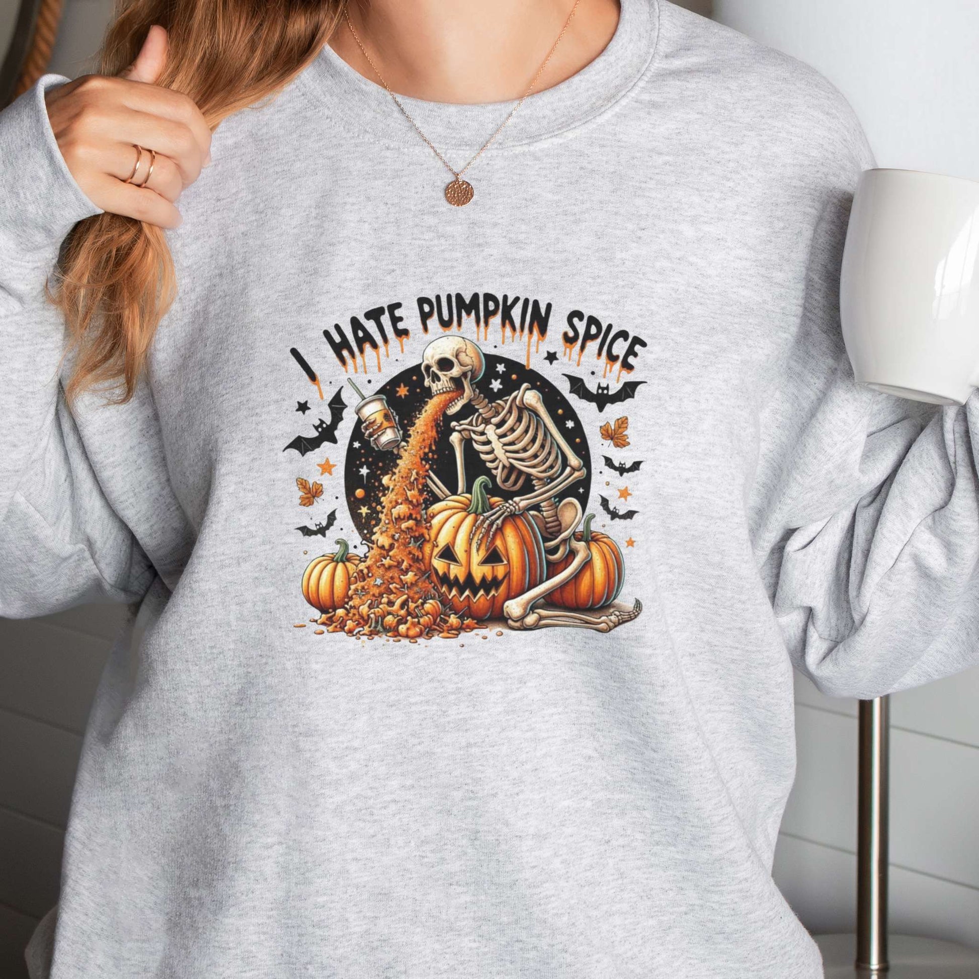 i hate pumpkin spice. skeleton sick of pumpkin spice, halloween, womens sweatshirt, ash